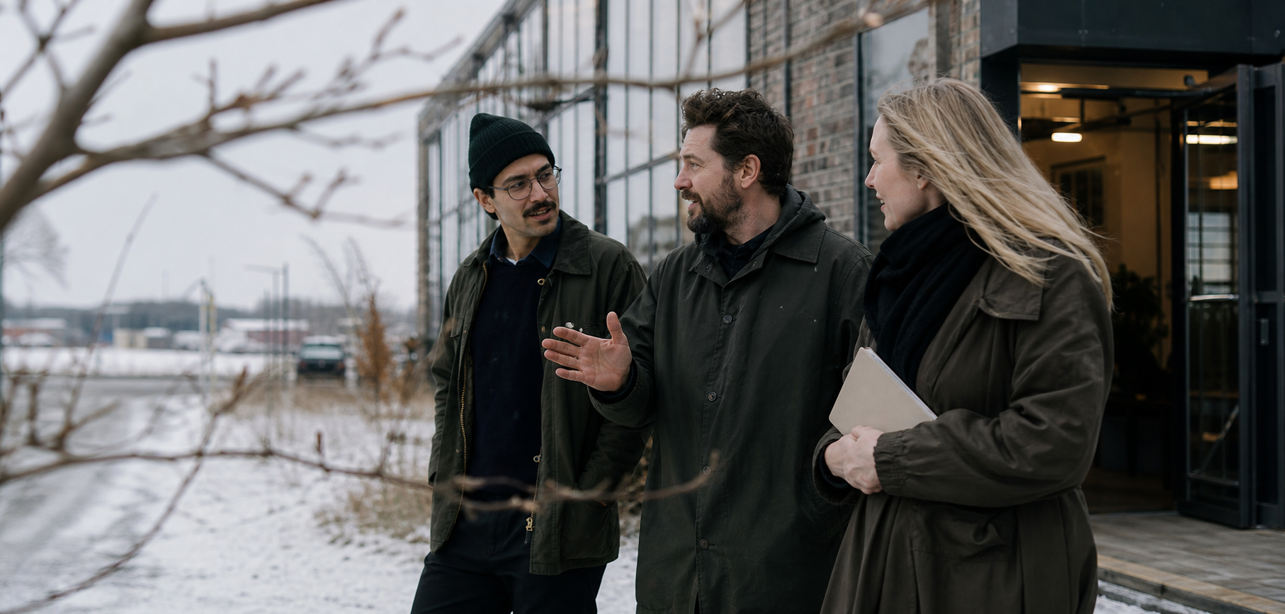 Three founders in conversation outside a snow-dusted workspace